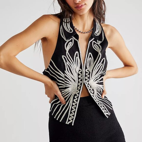 Free People Head West Metallic Embroidered Vest Black LARGE NWT - Picture 1 of 9